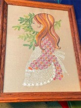 Vtg 1974 Crewel Picture Girl Side Apron 14 x 18&quot; Framed Embroidery Art Finished - £72.55 GBP