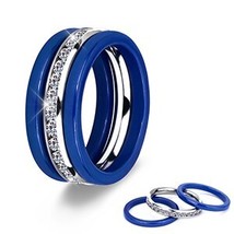 3pcs/Set Hot Blue Ceramic Rings Stainless Steel Ceramic Three Lines Wedding Ring - £16.56 GBP
