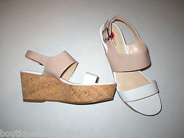 New Womens 10 Calvin Klein Wedge Sandals Platform Shoes White Beige Patent Leath - £46.61 GBP