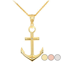 14K Solid Gold Anchor Diamond Cross Heart Pendant Necklace - Yellow, Rose, White - £166.44 GBP+