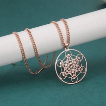 Rose Gold Metatrons Cube Necklace Stainless Steel Sacred Geometry Pendant Chain - £15.17 GBP