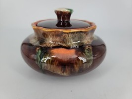 Art Pottery Covered Pot/Candy Dish Brown with Multicolor Drip Glaze Mark... - $14.87