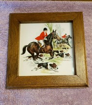 Ceramic Tile Wood Frame Wall Plaque Trivet English Fox Hunting  - £11.82 GBP