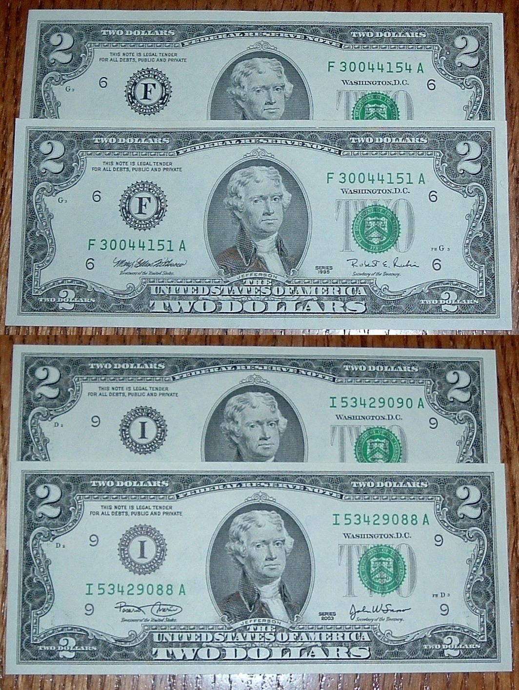 4 CU $2.00 BILLS / 2 2003 I's& & 2 1995 F'S  20120271 - $19.99
