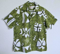 Vintage Ross Sutherland Hawaiian Shirt Barkcloth Cotton Green White Tiki Tribal - £71.93 GBP