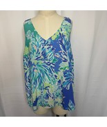Lilly Pulitzer XL Silk Tank Top Blue Green Floral Print Sleeveless Tunic - $54.26 CAD