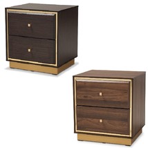 Dark or Walnut Brown Wood and Gold 2-Drawer Nightstand Mid-Century Transitional - £112.47 GBP