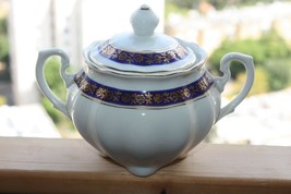 Old Cmielow Polish Porcelain Sugar Bowl Lidded 50&#39;s White with Cobalt &amp; ... - $37.04
