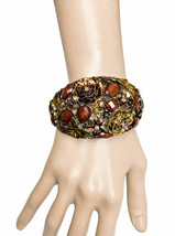 2&quot; Wide Brown Bronze Flowers &amp; Butterfly Statement Casual Bracelet Rhinestone  - £15.94 GBP