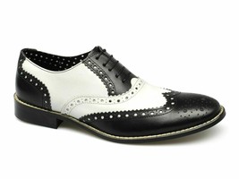 Black White Oxford Two Tone Wing Tip Brogue Toe Genuine Leather Spectator Shoes - £119.87 GBP+