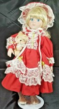 Vintage Anco Porcelain Doll Red Dress and Bonnet, Bear 16&quot; Tall, with Stand - £15.56 GBP