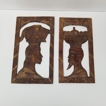 2 Carved Wood Plaque Vintage Tribal or Asian Head Wall Hangings Head Cut Out Set - £21.68 GBP