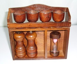 Vtg Wooden Egg Cups Timer Salt &amp; Pepper Shaker Wall Rack Mid Century Taiwan  - £31.60 GBP