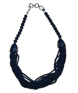 TALBOTS Silvertone Navy Blue Enamel Plastic Bead Multistrand Statement N... - $24.99