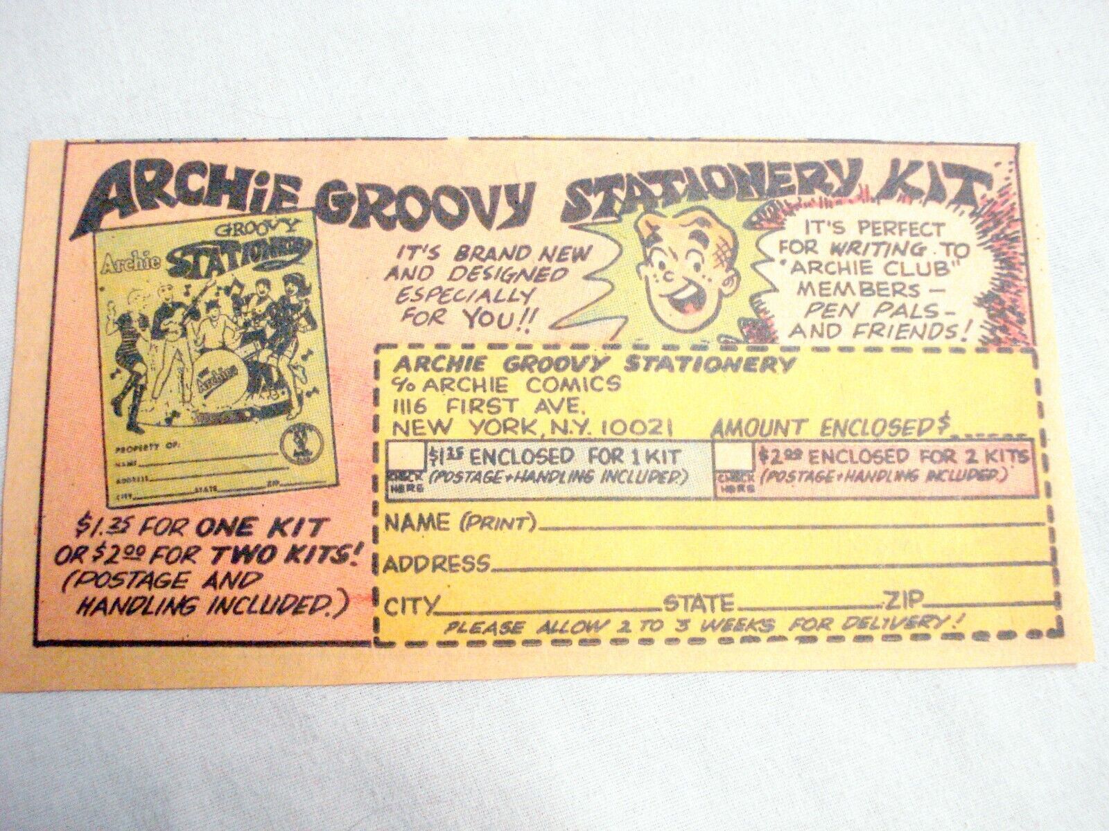 Primary image for 1966 Archie Comics Color Ad Archie Groovy Stationery Kit