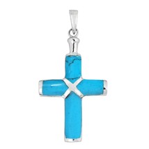 Christian Cross Blue Turquoise Inlay .925 Silver Pendant - £20.24 GBP