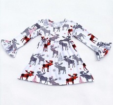 NEW Boutique Christmas Moose Girls Long Sleeve Twirl Dress - £6.83 GBP