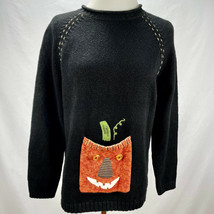 Vintage Halloween Applique Embroidered Jack O&#39;Lantern Sweater Size L - £15.75 GBP