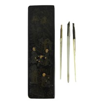 Vintage Japanese Lacquer Painted Calligraphy Box w 3 White Jade Brushes Set - $74.58