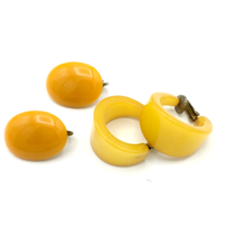 BAKELITE hoop &amp; vintage plastic button clip-on earrings - yellow orange ... - £23.59 GBP