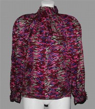 VTG Shimmery Abstract Pink Purple GreyBlouse Pleated Gathered Neck Cuffs Wm 6P - £19.23 GBP