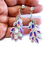 Iridescent Peacock Earrings, Colorshift Drop Earrings, Rhinestone Chandelier Ear - £31.44 GBP