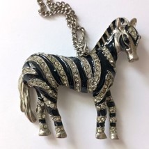 Zebra Rhinestone Necklace Pendant Statement Safari Enameled Black Silver Tone - £15.73 GBP