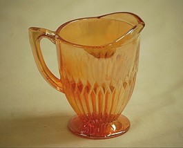 Jeannette Anniversary Iridescent 3-1/2&quot; Footed Creamer Marigold Carnival Ribbed - £11.86 GBP