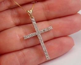 1 Ct Round Cut Diamond Cross Pendant 18&quot; Free Chain Solid 14K Yellow Gold Plated - £55.00 GBP