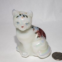 Fenton White Opalescent Glass Cat Figurine 3.75” Hand Painted Signed D Anderson - $36.95