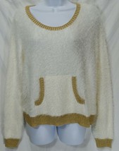 Juicy Couture Sweater Knit Top Sz Medium  Women&#39;s Fuzzy Gold White EUC - £16.36 GBP