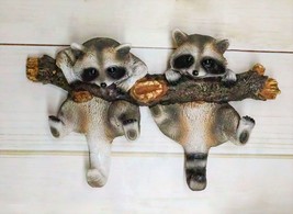 Forest Rustic 2 Playful Raccoons Dangling On Tree Branch 6 Pegs Wall Hook Decor - $29.99