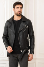 Veste en cuir noir homme agneau motard moto taille XS SML XL XXL sur mesure - £109.79 GBP