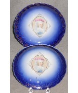 FLOW BLUE Set (2) Porcelain 6&quot; Plates w/CAMEO IN CENTER - £23.45 GBP