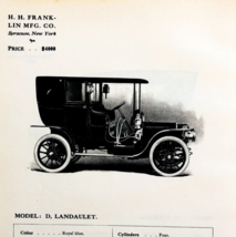 1908 H.H. Franklin Model D Landaulet Print Catalog Advertisement Automob... - $29.99