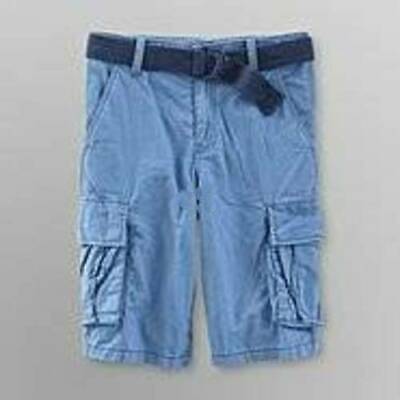 Boys Cargo Shorts Route 66 Blue Adjustable Waist Belted Flat Front-size 8