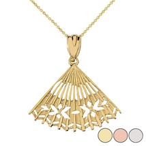10k Yellow Gold Cut Out Japanese Handheld Folding Hand Fan Pendant Necklace - £88.12 GBP+