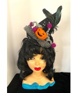Ladies Gothic Halloween Black Witch Hat Feathers Sequins Pumpkin Silvery... - €7,67 EUR