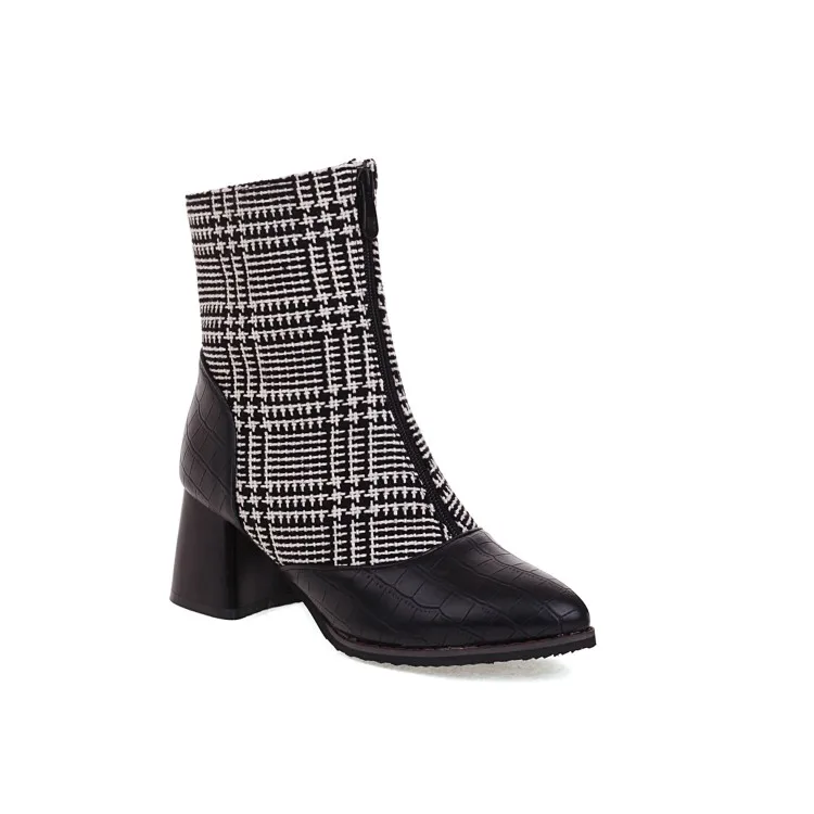 Large Size 48 14 Women Front Zipper Block Heels Boots Ladies Houndstooth Plaid H - £191.06 GBP