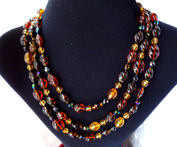 Art Deco Flapper Necklace Earth Tones Glass Carnival Bead 59&quot; Jeweled Clasp - £31.50 GBP