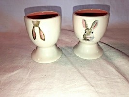 2 Rae Dunn Bunny Rabbit Egg Cups Artisan Collection 187 White &amp; Pink Signed - £7.28 GBP