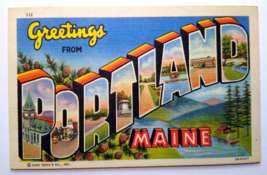 Greetings From Portland Maine Large Big Letter Postcard Linen Curt Teich Unused - £6.31 GBP