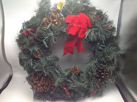 Wreath Christmas Lighted Holiday  Green White Lights 18&quot; Red Bow Pinecones - $29.39