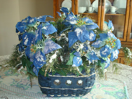 Large Winter Floral Basket Featuring Blue Poinsettias Handmade Christmas Floral - £93.64 GBP