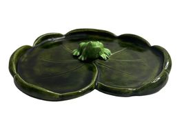 VTG Frog on Leaf Lily Pad Ceramic Trinket Soap Dish Green Toad Glaze Han... - $29.45
