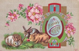 Happy Easter Rabbits Flowers 1911 Embossed Postcard E22 - $7.91