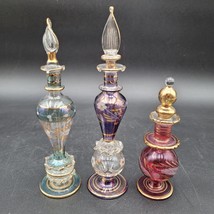 Lot Of 3 Egyptian Hand Blown &amp; Cut To Clear/Etched Glass Perfume Bottles READ - £19.45 GBP