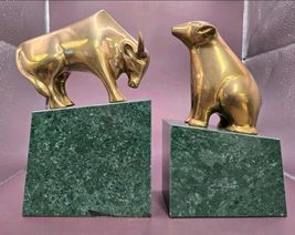 Mid-Century Brass Bull &amp; Bear Market Bookends – Green Marble Bases - $116.62