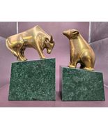 Mid-Century Brass Bull &amp; Bear Market Bookends – Green Marble Bases - $116.62
