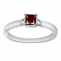 Three Stone Ring Princess Simulated Ruby &amp; Round Natural Diamond Sterling Silver - £55.38 GBP